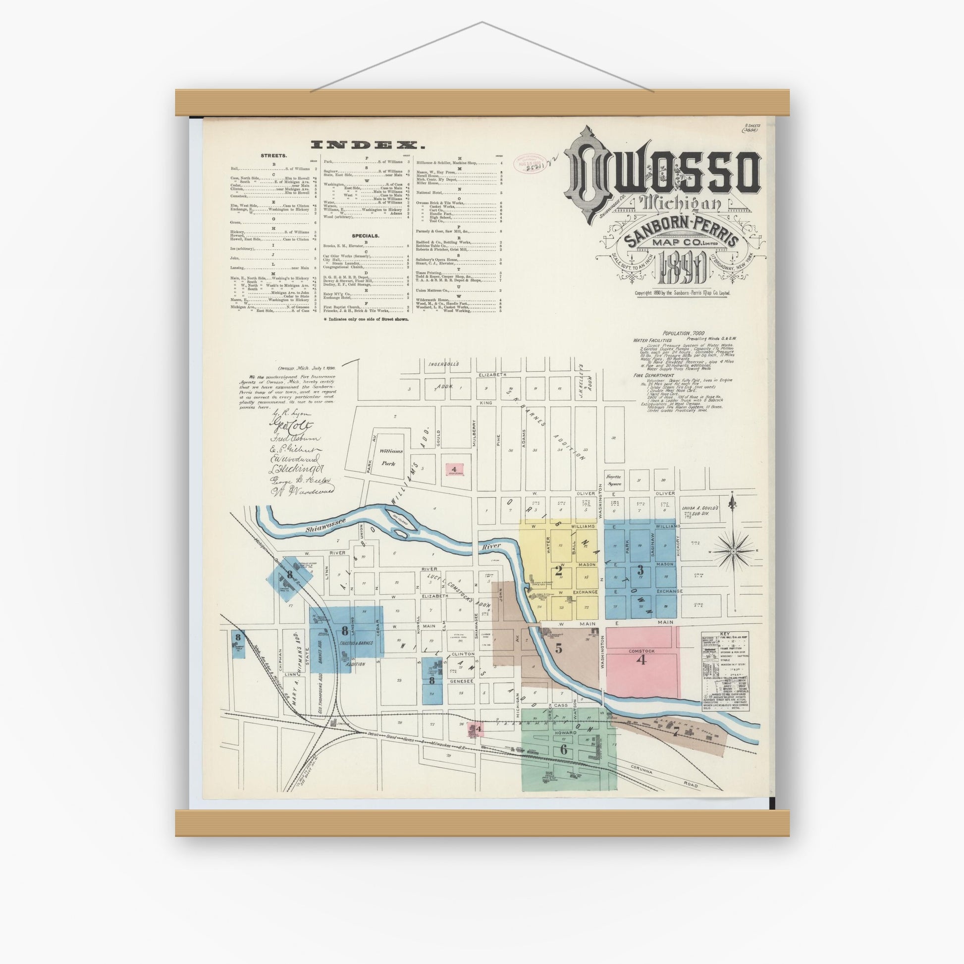 Old map wall art mockup — magnetic wood frame on white wall — Sanborn Fire Insurance Map from Owosso, Shiawassee County, Michigan (1890) - Complete Map Set