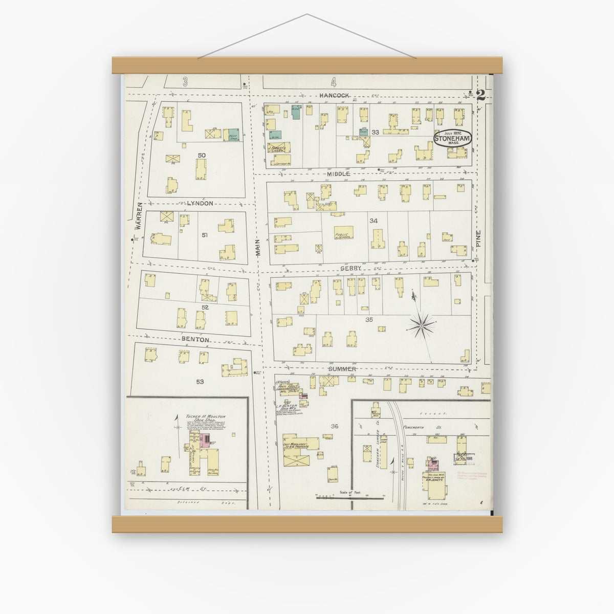 Old map wall art mockup — magnetic wood frame on white wall — Sanborn Fire Insurance Map from Stoneham, Middlesex County, Massachusetts (1892), Sheet #0002