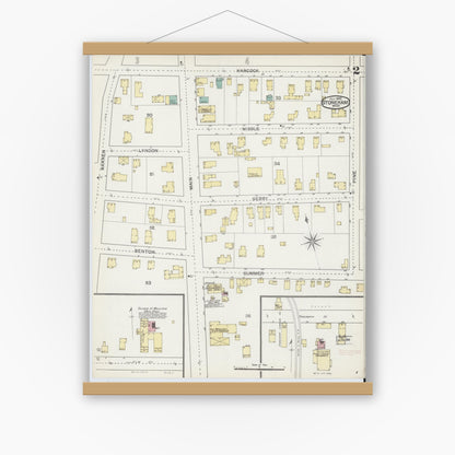 Old map wall art mockup — magnetic wood frame on white wall — Sanborn Fire Insurance Map from Stoneham, Middlesex County, Massachusetts (1892), Sheet #0002