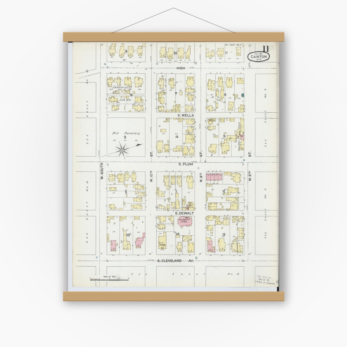 Old map wall art mockup — magnetic wood frame on white wall — Sanborn Fire Insurance Map from Canton, Stark County, Ohio (1891), Sheet #0011