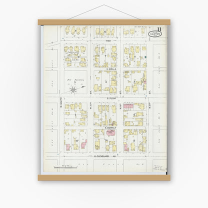 Old map wall art mockup — magnetic wood frame on white wall — Sanborn Fire Insurance Map from Canton, Stark County, Ohio (1891), Sheet #0011