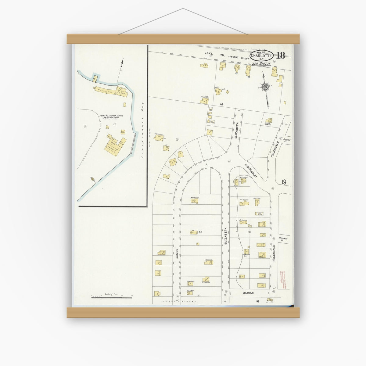 Old map wall art mockup — magnetic wood frame on white wall — Sanborn Fire Insurance Map from Charlotte, Monroe County, New York (1912), Sheet #0018