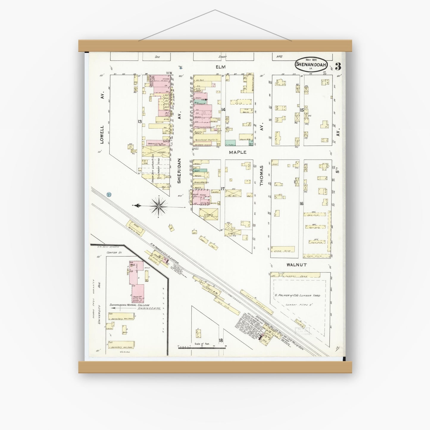 Old map wall art mockup — magnetic wood frame on white wall — Sanborn Fire Insurance Map from Shenandoah, Page County, Iowa (1891), Sheet #0003
