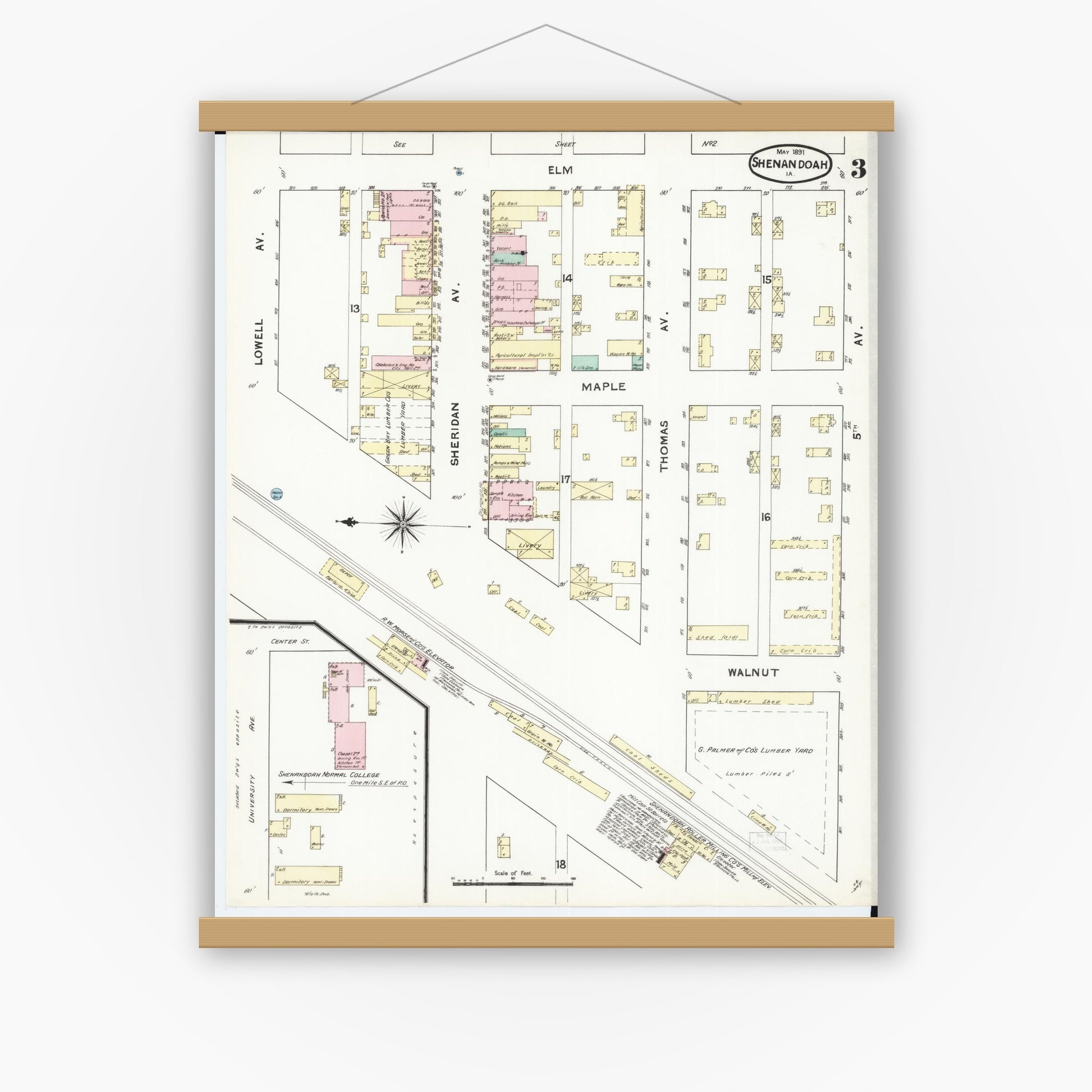 Old map wall art mockup — magnetic wood frame on white wall — Sanborn Fire Insurance Map from Shenandoah, Page County, Iowa (1891), Sheet #0003