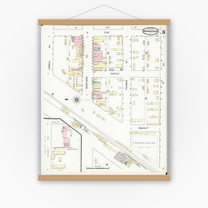 Old map wall art mockup — magnetic wood frame on white wall — Sanborn Fire Insurance Map from Shenandoah, Page County, Iowa (1891), Sheet #0003