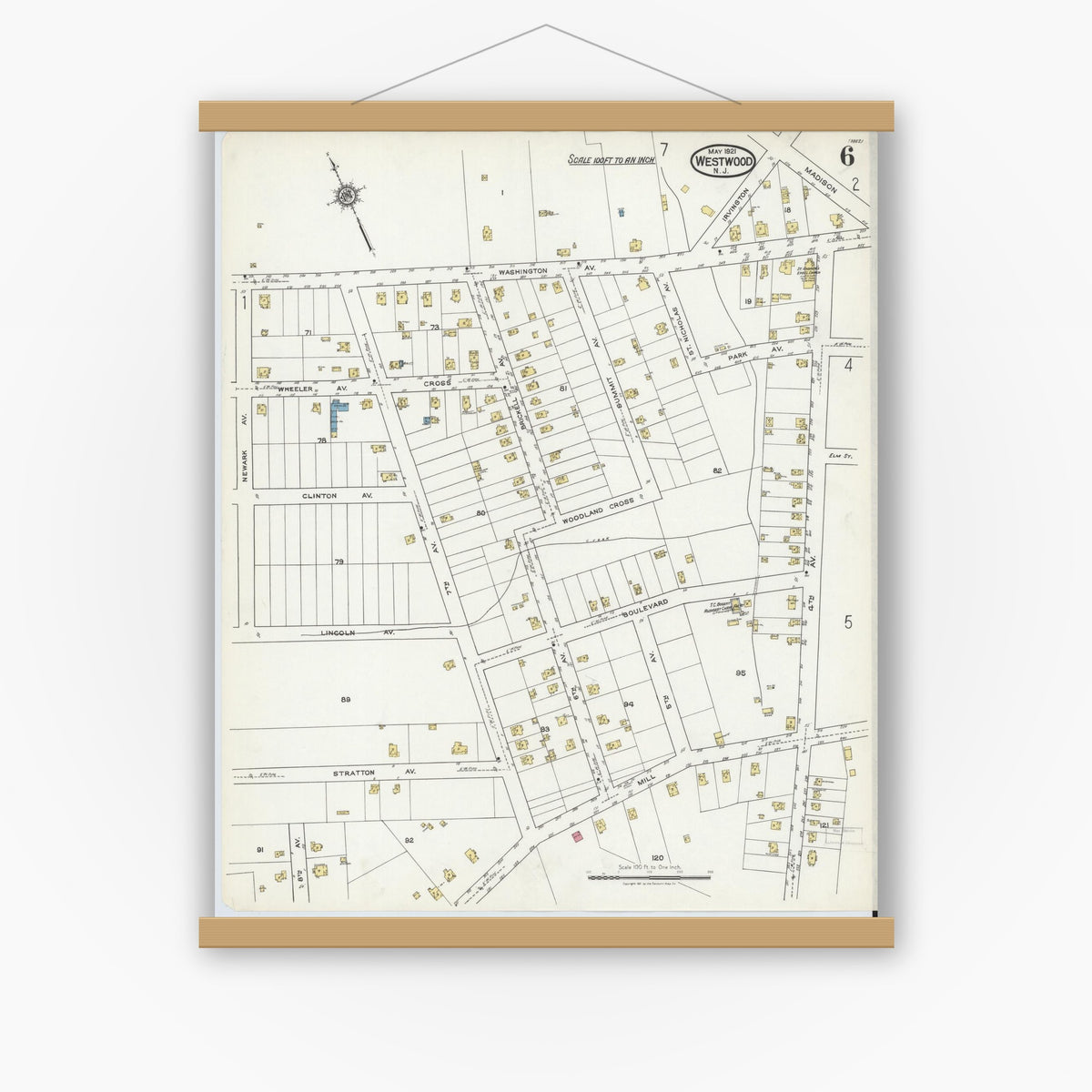 Old map wall art mockup — magnetic wood frame on white wall — Sanborn Fire Insurance Map from Westwood, Bergen County, New Jersey (1921), Sheet #0006