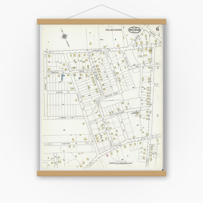 Old map wall art mockup — magnetic wood frame on white wall — Sanborn Fire Insurance Map from Westwood, Bergen County, New Jersey (1921), Sheet #0006