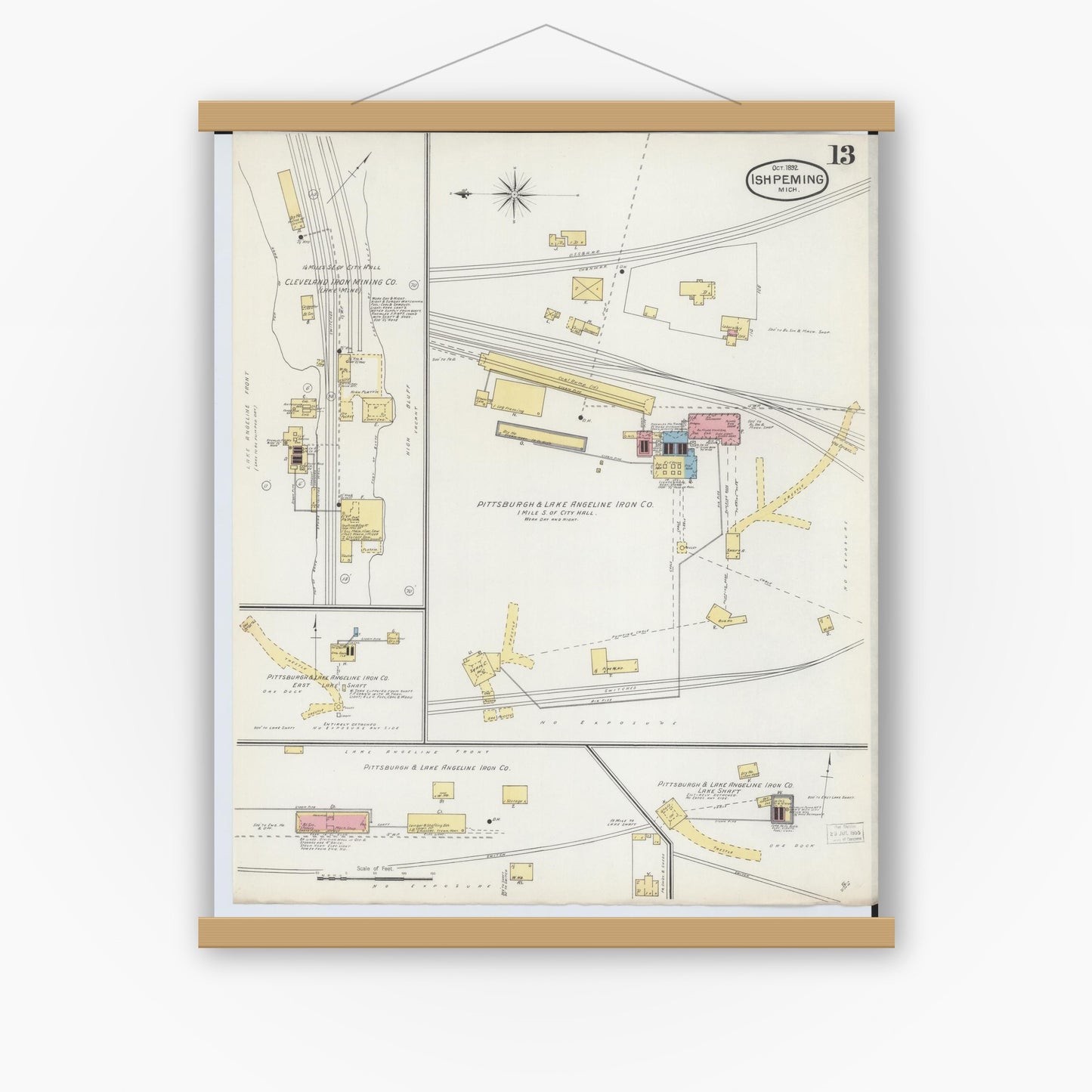 Old map wall art mockup — magnetic wood frame on white wall — Sanborn Fire Insurance Map from Ishpeming, Marquette County, Michigan (1892), Sheet #0013