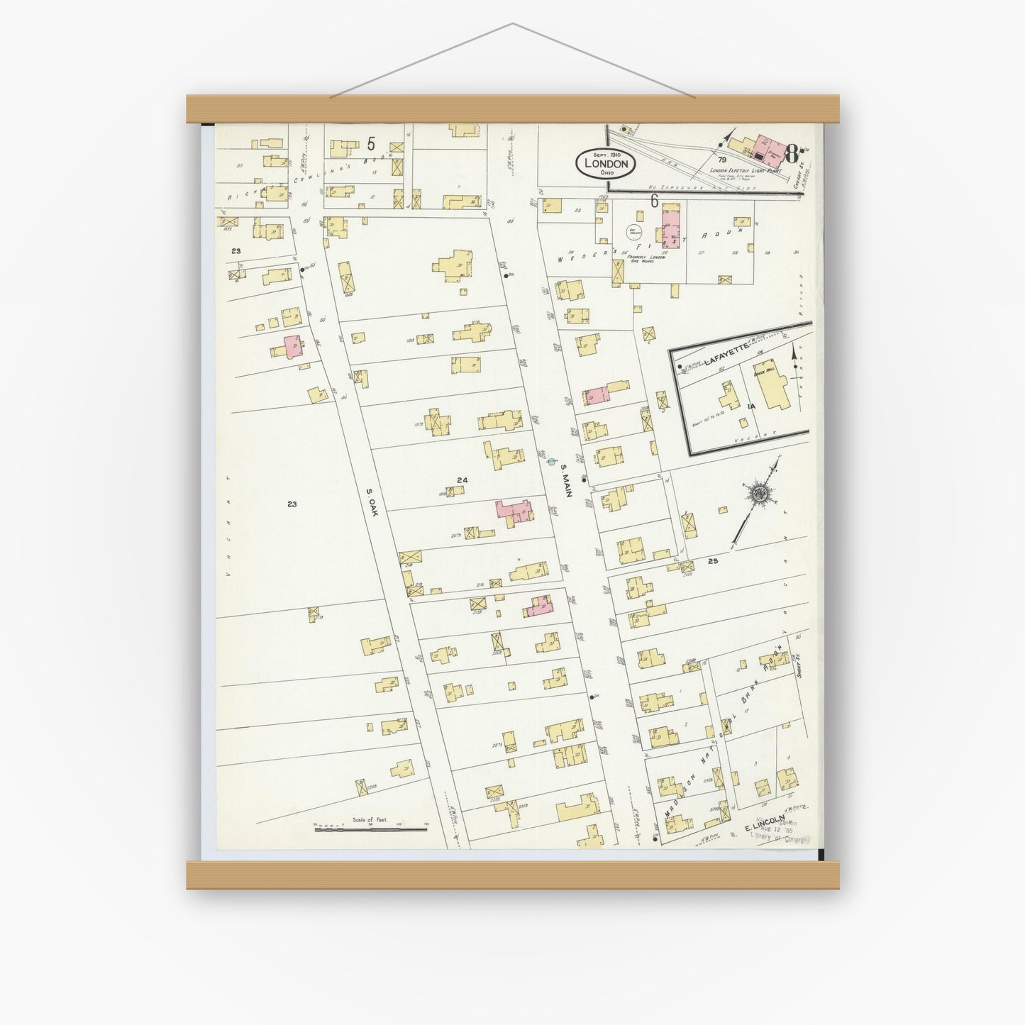 Old map wall art mockup — magnetic wood frame on white wall — Sanborn Fire Insurance Map from London, Madison County, Ohio (1910), Sheet #0008