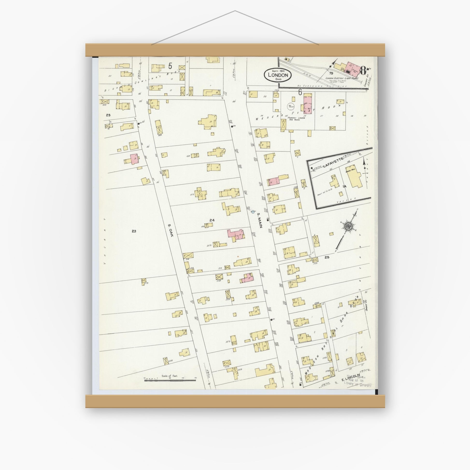 Old map wall art mockup — magnetic wood frame on white wall — Sanborn Fire Insurance Map from London, Madison County, Ohio (1910), Sheet #0008