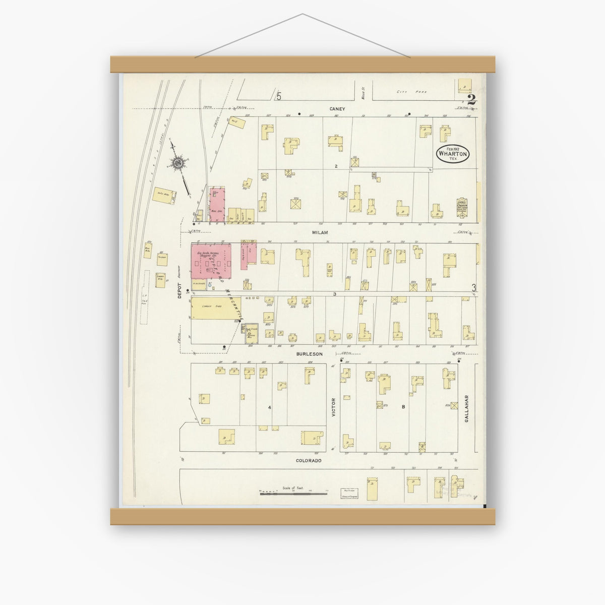 Old map wall art mockup — magnetic wood frame on white wall — Sanborn Fire Insurance Map from Wharton, Wharton County, Texas (1912), Sheet #0003