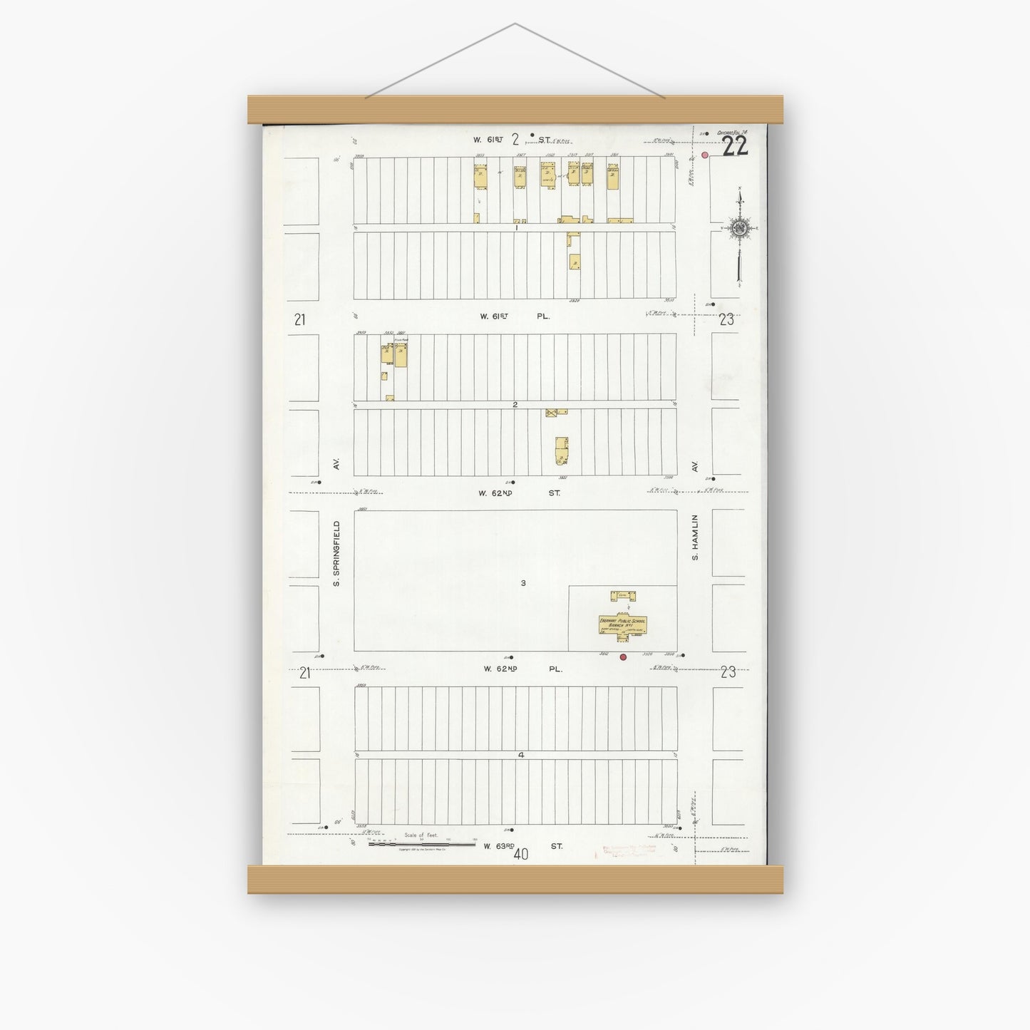 Old map wall art mockup — magnetic wood frame on white wall — Sanborn Fire Insurance Map from Chicago, Cook County, Illinois (1920), Sheet #0022