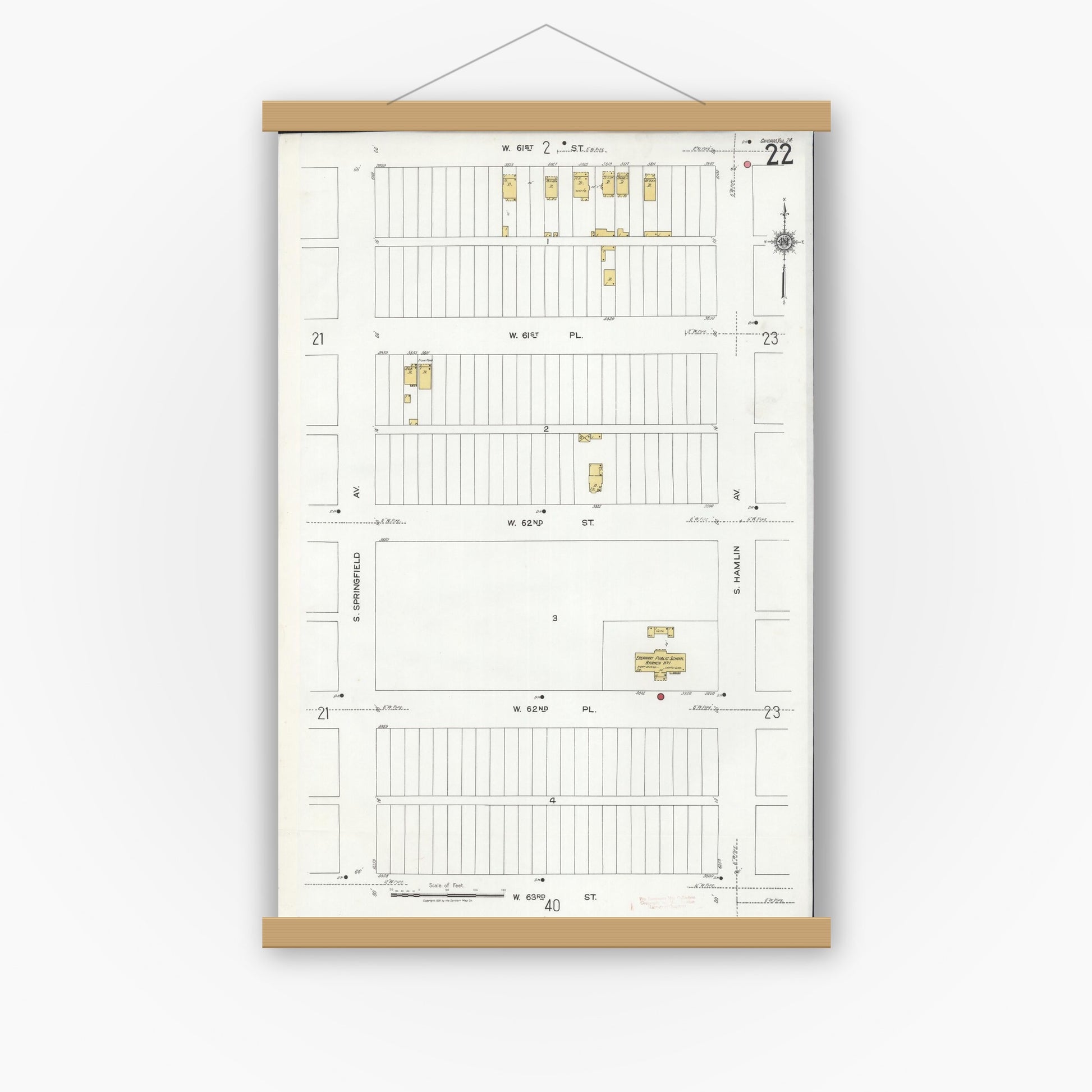 Old map wall art mockup — magnetic wood frame on white wall — Sanborn Fire Insurance Map from Chicago, Cook County, Illinois (1920), Sheet #0022