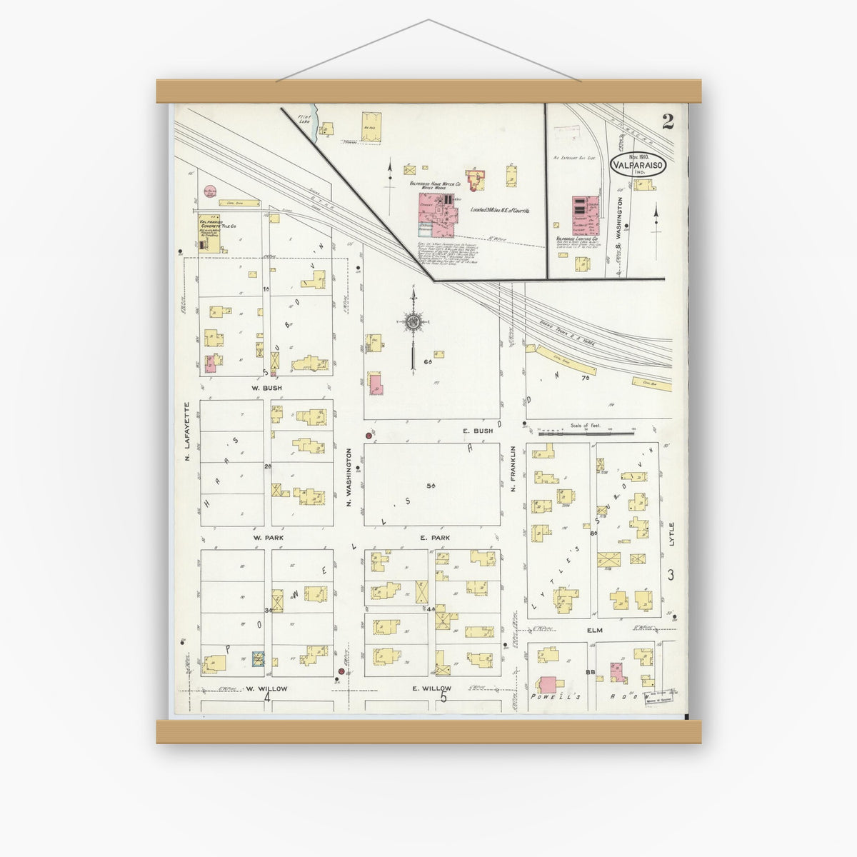 Old map wall art mockup — magnetic wood frame on white wall — Sanborn Fire Insurance Map from Valparaiso, Porter County, Indiana (1910), Sheet #0002