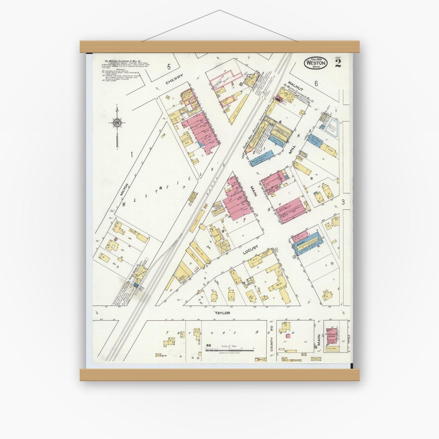 Old map wall art mockup — magnetic wood frame on white wall — Sanborn Fire Insurance Map from Weston, Wood County, Ohio (1920), Sheet #0002