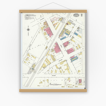 Old map wall art mockup — magnetic wood frame on white wall — Sanborn Fire Insurance Map from Weston, Wood County, Ohio (1920), Sheet #0002