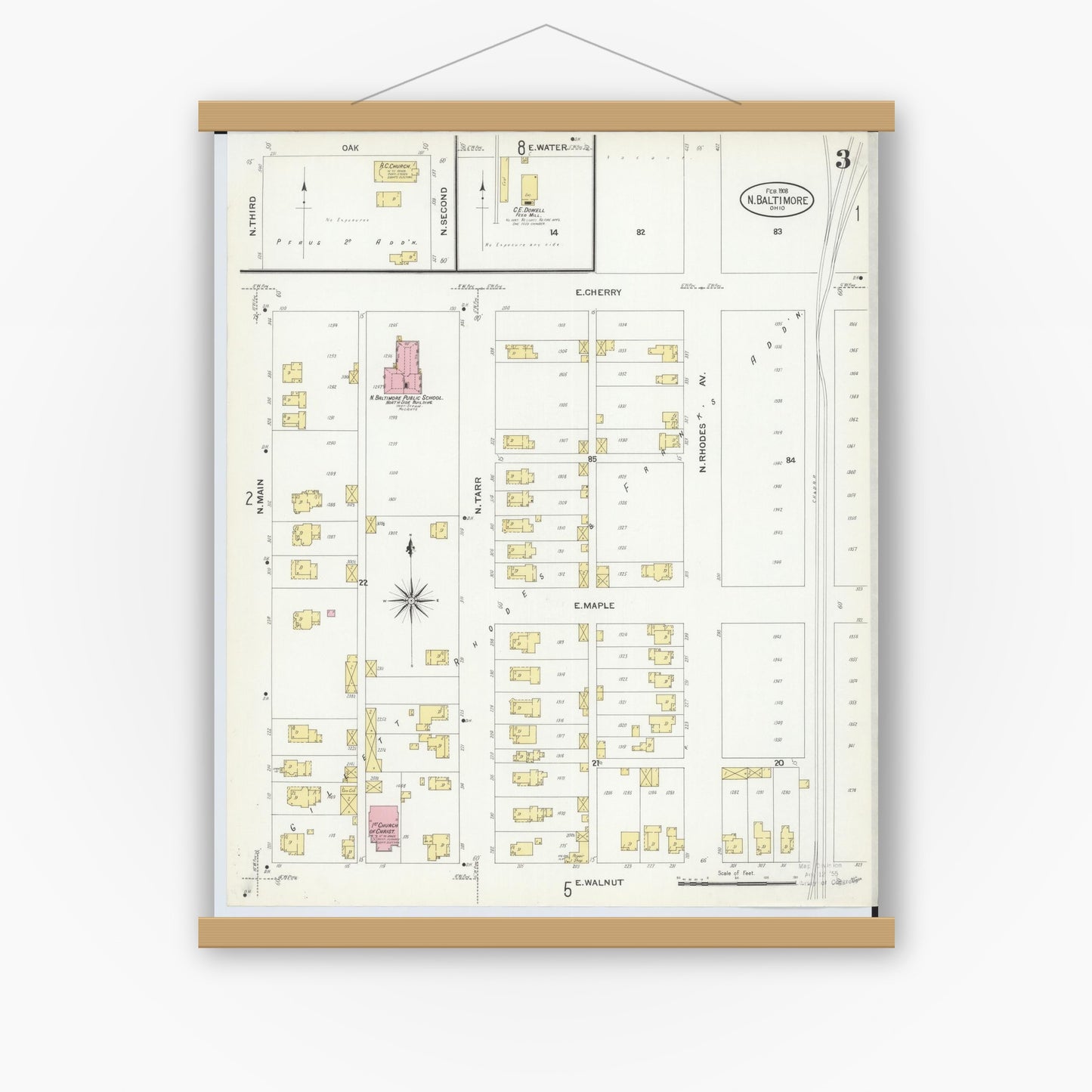 Old map wall art mockup — magnetic wood frame on white wall — Sanborn Fire Insurance Map from North Baltimore, Wood County, Ohio (1908), Sheet #0003