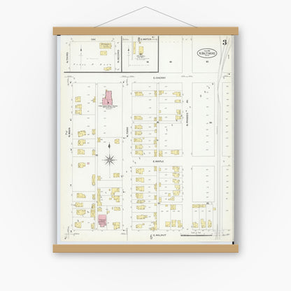Old map wall art mockup — magnetic wood frame on white wall — Sanborn Fire Insurance Map from North Baltimore, Wood County, Ohio (1908), Sheet #0003