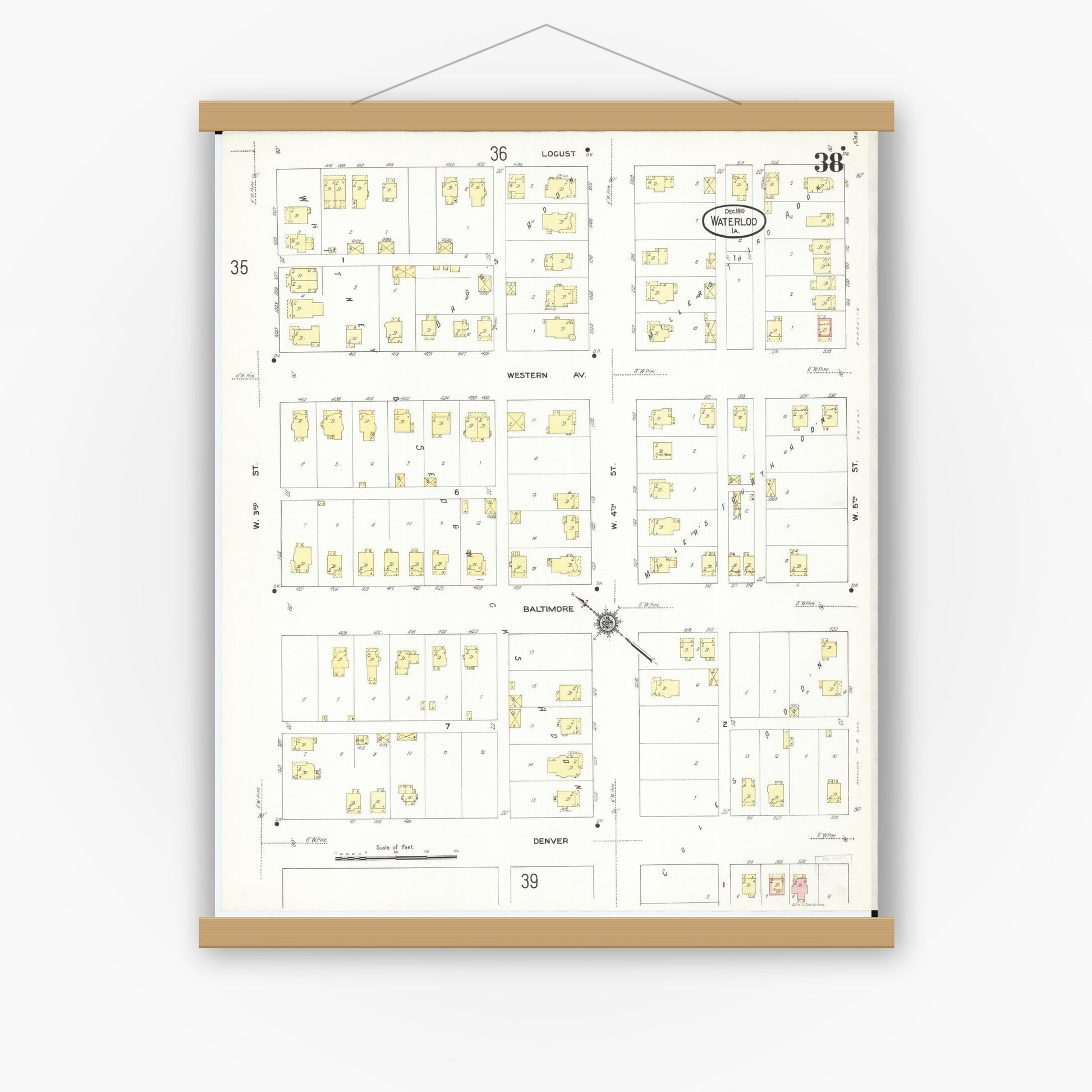 Old map wall art mockup — magnetic wood frame on white wall — Sanborn Fire Insurance Map from Waterloo, Black Hawk County, Iowa (1910), Sheet #0038