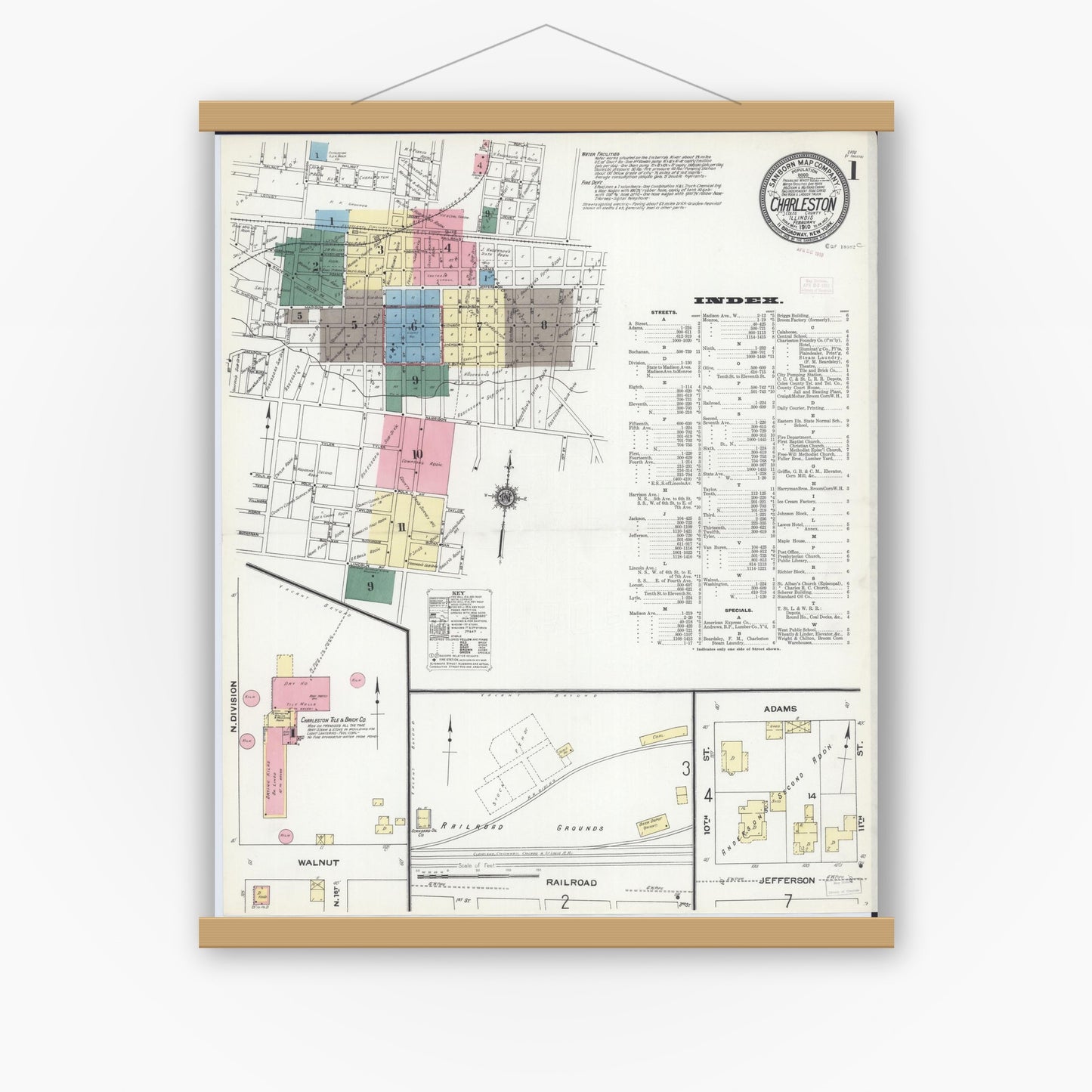 Old map wall art mockup — magnetic wood frame on white wall — Sanborn Fire Insurance Map from Charleston, Coles County, Illinois (1910) - Complete Map Set