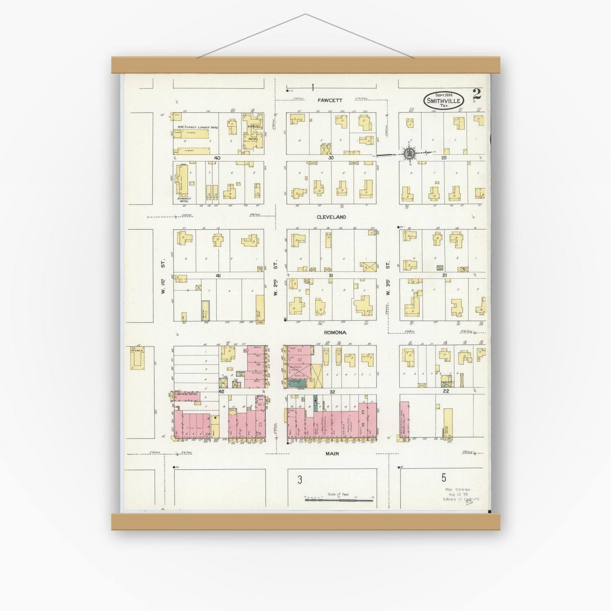 Old map wall art mockup — magnetic wood frame on white wall — Sanborn Fire Insurance Map from Smithville, Bastrop County, Texas (1909), Sheet #0002