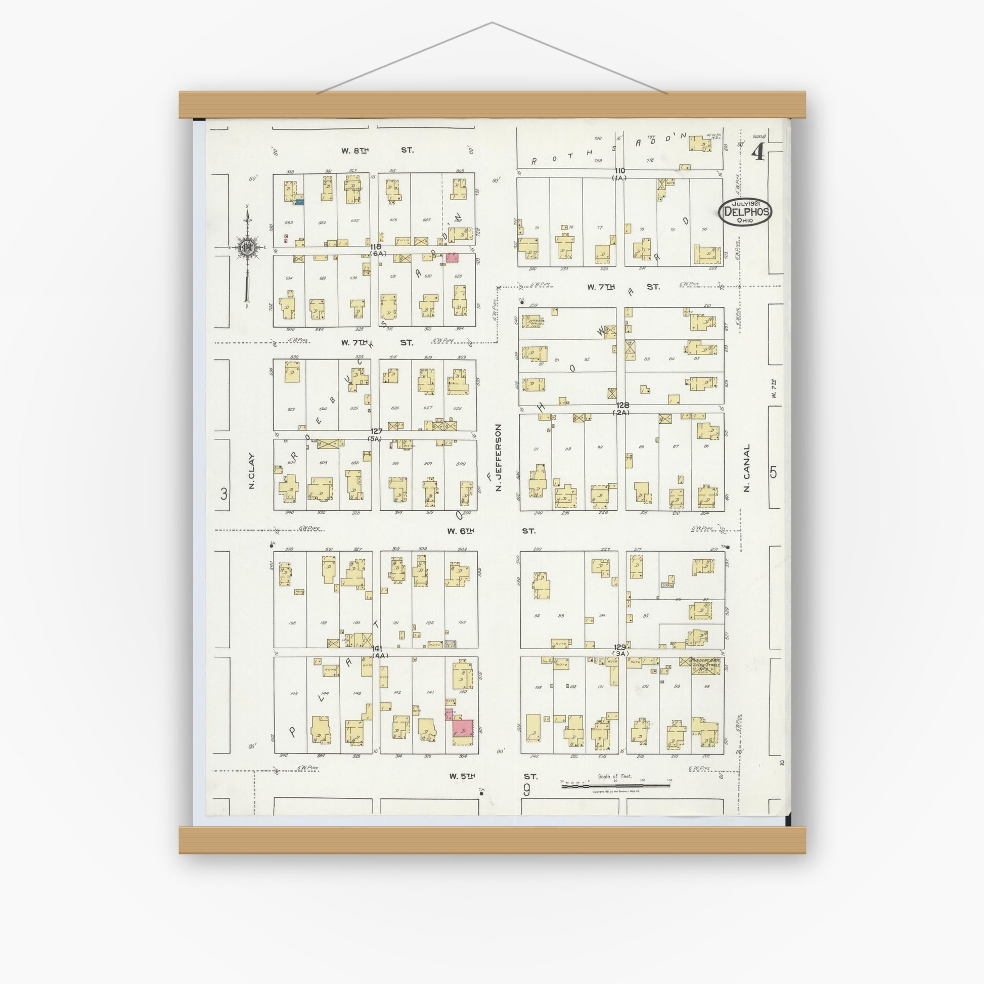 Old map wall art mockup — magnetic wood frame on white wall — Sanborn Fire Insurance Map from Delphos, Van Wert And Allen Counties, Ohio (1921), Sheet #0004