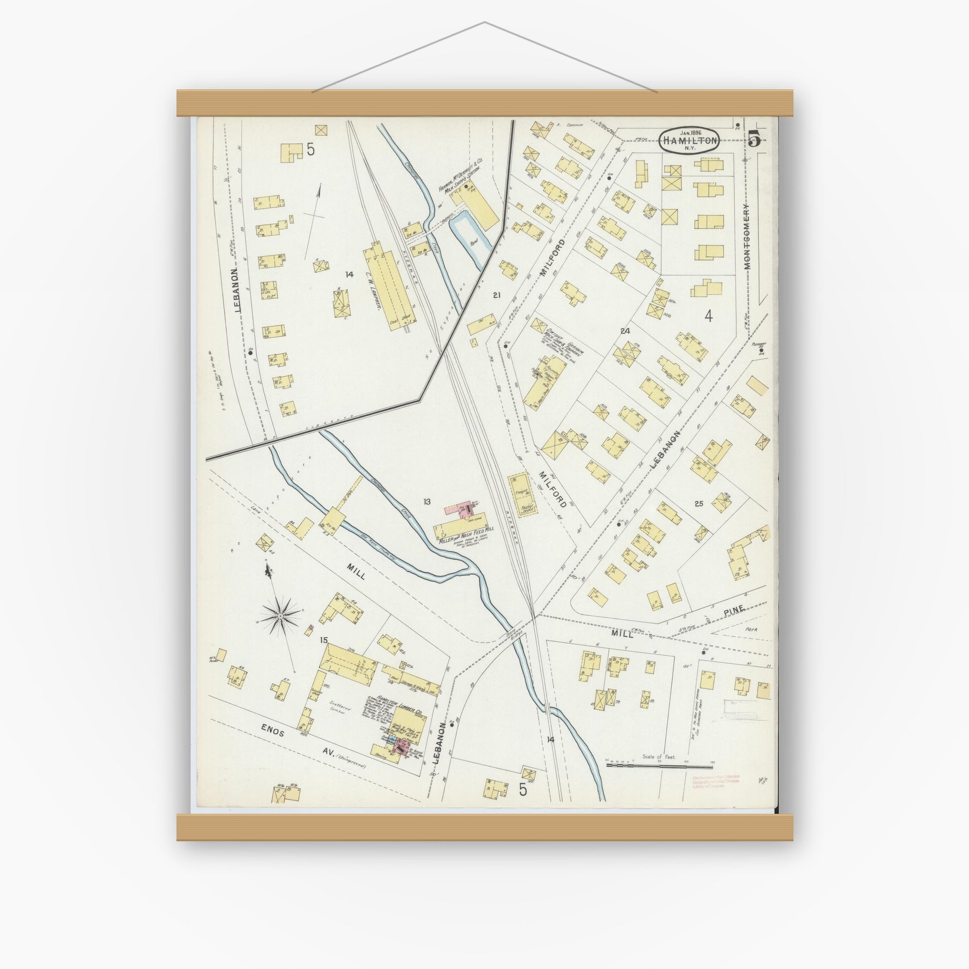 Old map wall art mockup — magnetic wood frame on white wall — Sanborn Fire Insurance Map from Hamilton, Madison County, New York (1896), Sheet #0005