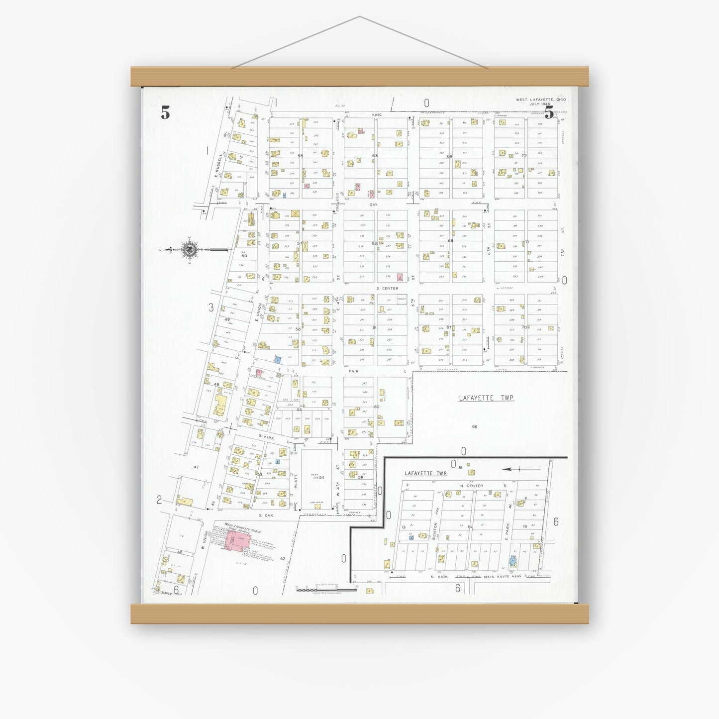 Old map wall art mockup — magnetic wood frame on white wall — Sanborn Fire Insurance Map from West Lafayette, Coshocton County, Ohio (1946), Sheet #0005