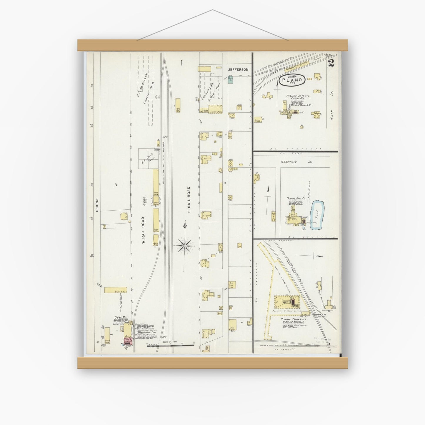 Old map wall art mockup — magnetic wood frame on white wall — Sanborn Fire Insurance Map from Plano, Collin County, Texas (1896), Sheet #0002