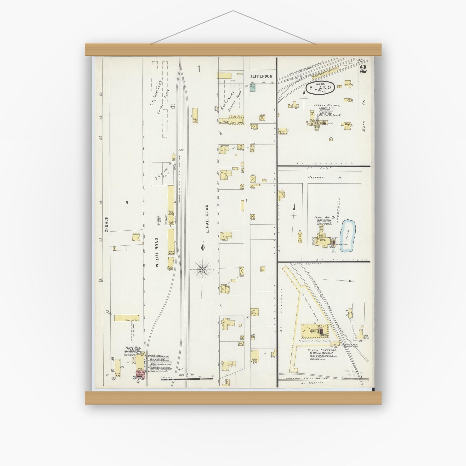 Old map wall art mockup — magnetic wood frame on white wall — Sanborn Fire Insurance Map from Plano, Collin County, Texas (1896), Sheet #0002