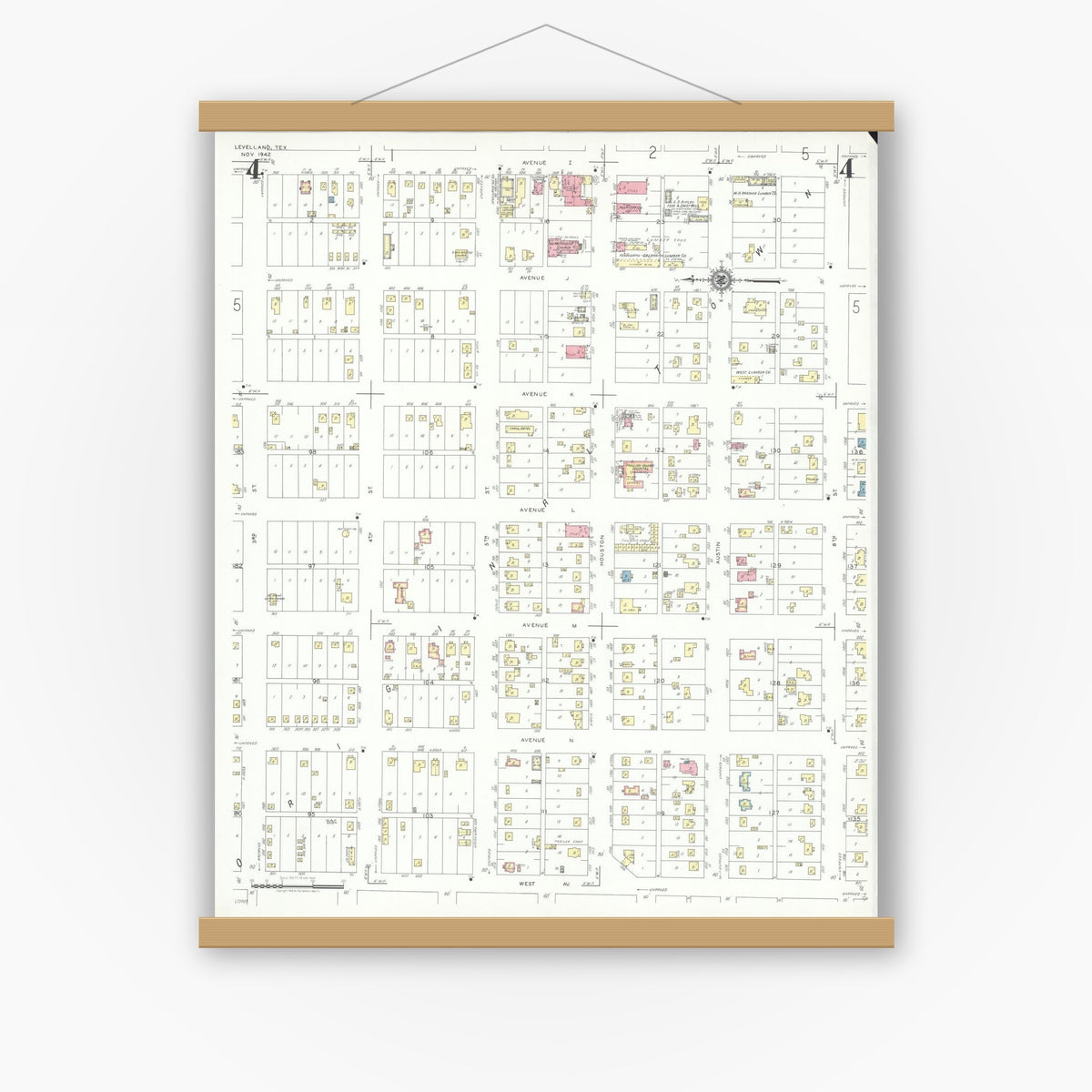 Old map wall art mockup — magnetic wood frame on white wall — Sanborn Fire Insurance Map from Levelland, Hockley County, Texas (1942), Sheet #0004