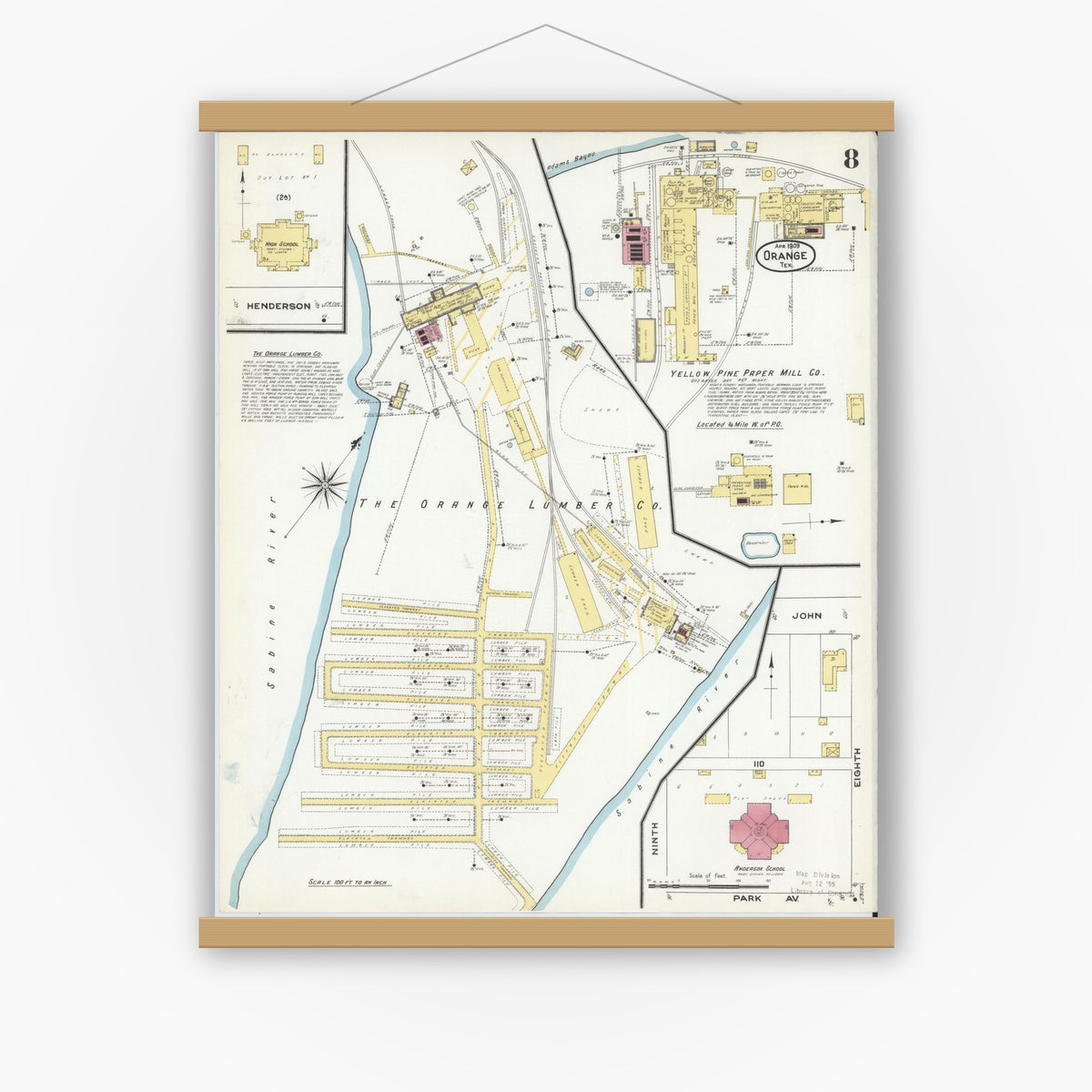 Old map wall art mockup — magnetic wood frame on white wall — Sanborn Fire Insurance Map from Orange, Orange County, Texas (1909), Sheet #0008