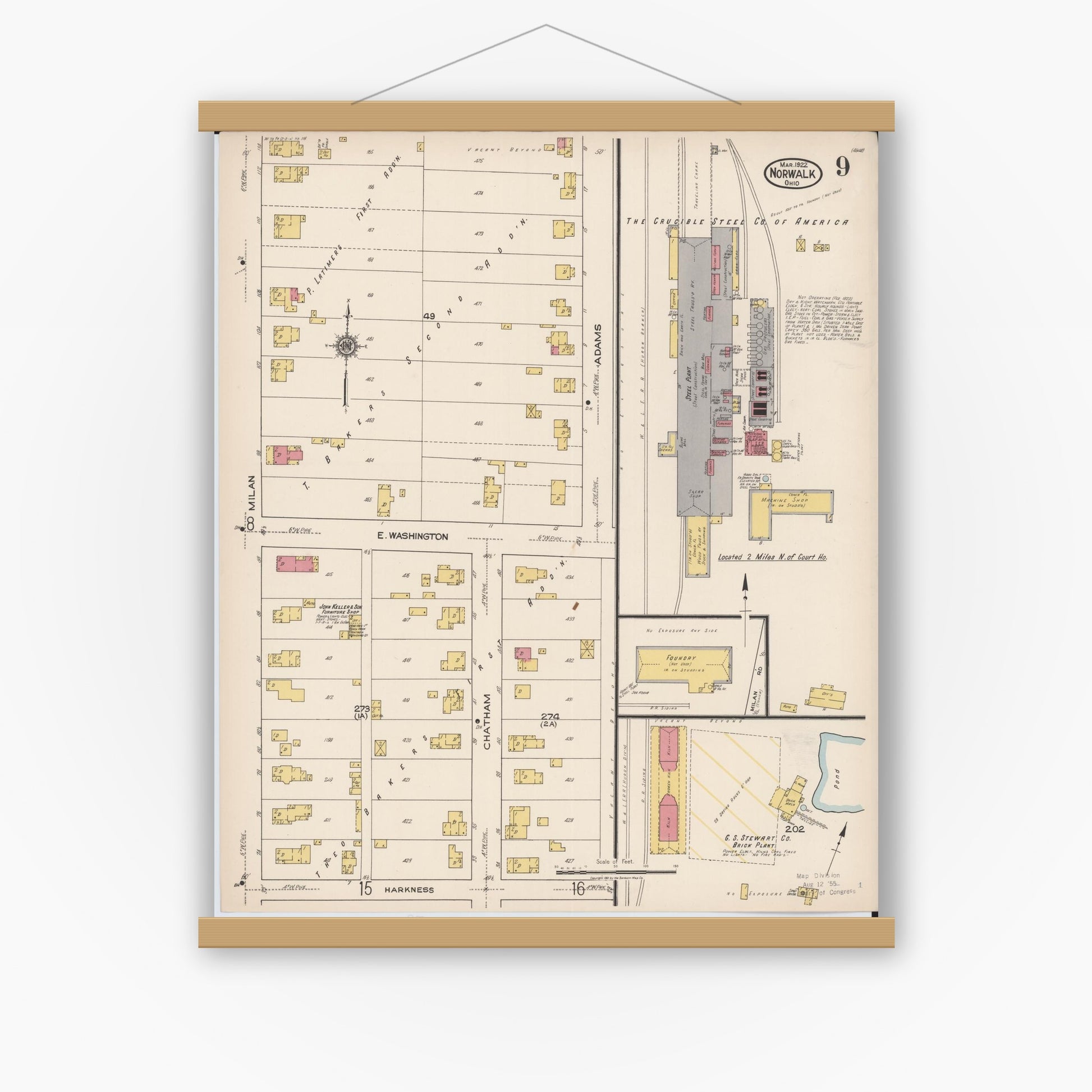 Old map wall art mockup — magnetic wood frame on white wall — Sanborn Fire Insurance Map from Norwalk, Huron County, Ohio (1922), Sheet #0009