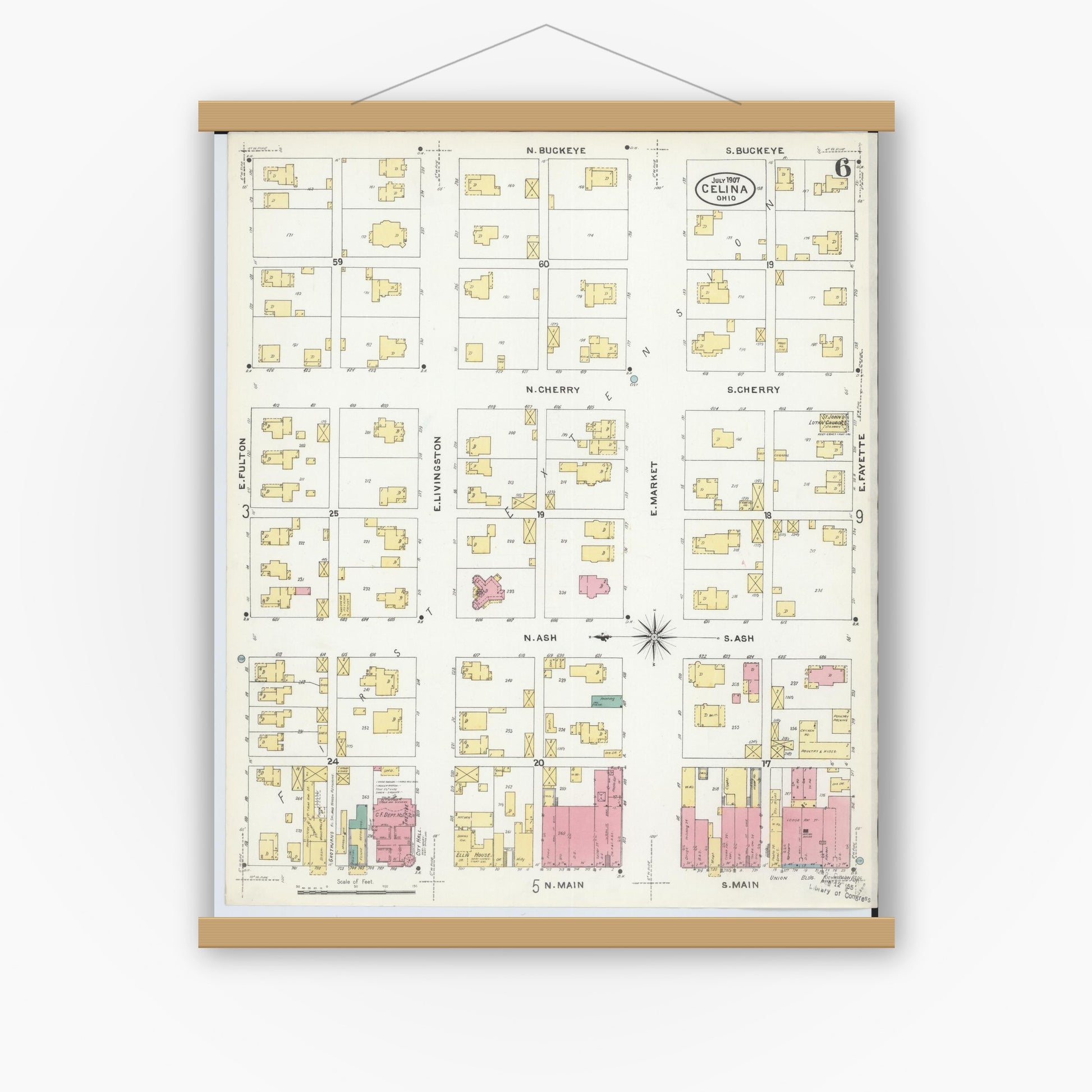 Old map wall art mockup — magnetic wood frame on white wall — Sanborn Fire Insurance Map from Celina, Mercer County, Ohio (1907), Sheet #0006