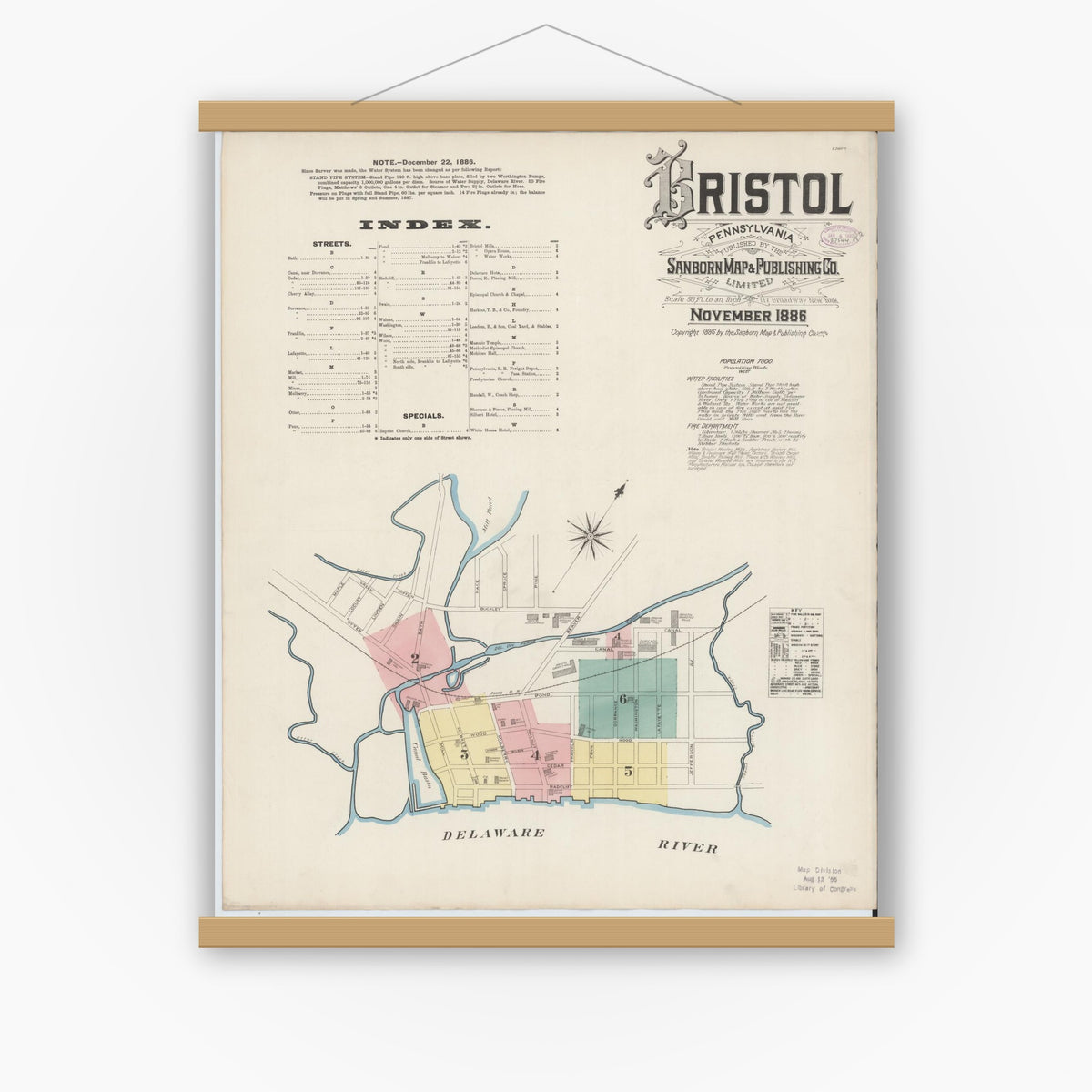 Old map wall art mockup — magnetic wood frame on white wall — Sanborn Fire Insurance Map from Bristol, Bucks County, Pennsylvania (1886) - Complete Map Set
