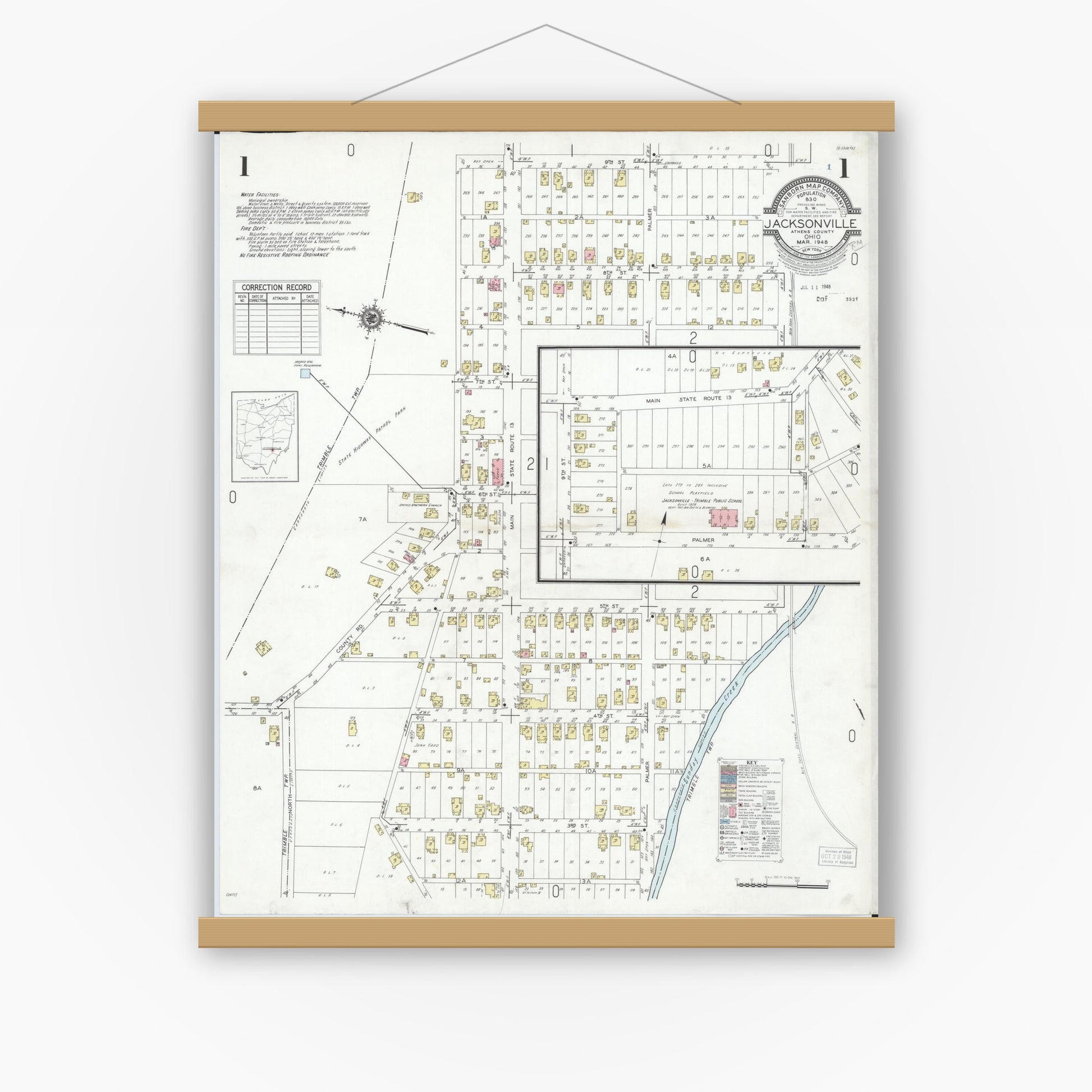Old map wall art mockup — magnetic wood frame on white wall — Sanborn Fire Insurance Map from Jacksonville, Athens County, Ohio (1948) - Complete Map Set