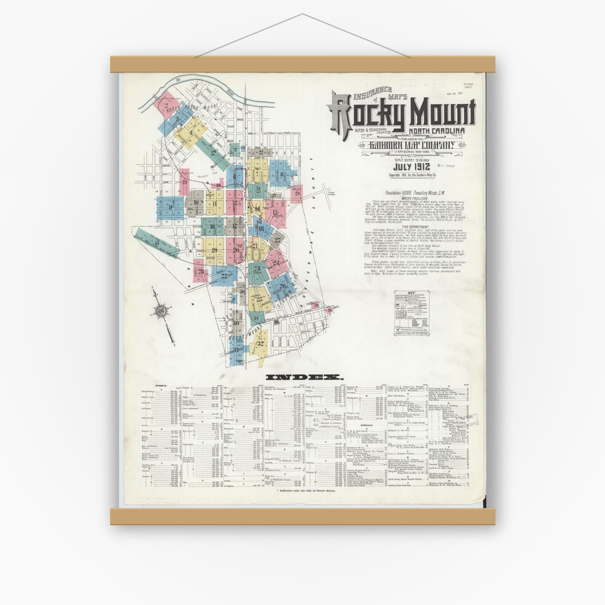 Old map wall art mockup — magnetic wood frame on white wall — Sanborn Fire Insurance Map from Rocky Mount, Edgecombe And Nash Counties, North Carolina (1912), Sheet #0001