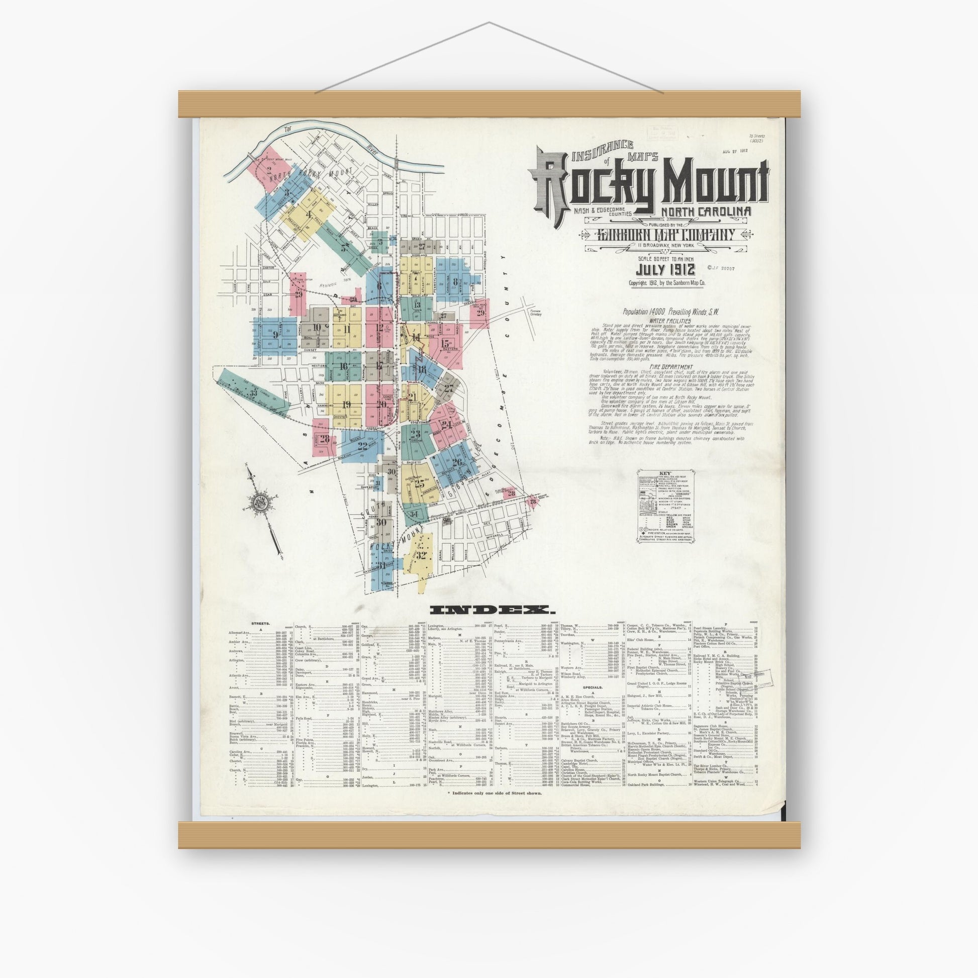 Old map wall art mockup — magnetic wood frame on white wall — Sanborn Fire Insurance Map from Rocky Mount, Edgecombe And Nash Counties, North Carolina (1912), Sheet #0001