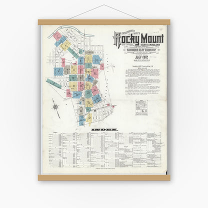 Old map wall art mockup — magnetic wood frame on white wall — Sanborn Fire Insurance Map from Rocky Mount, Edgecombe And Nash Counties, North Carolina (1912), Sheet #0001