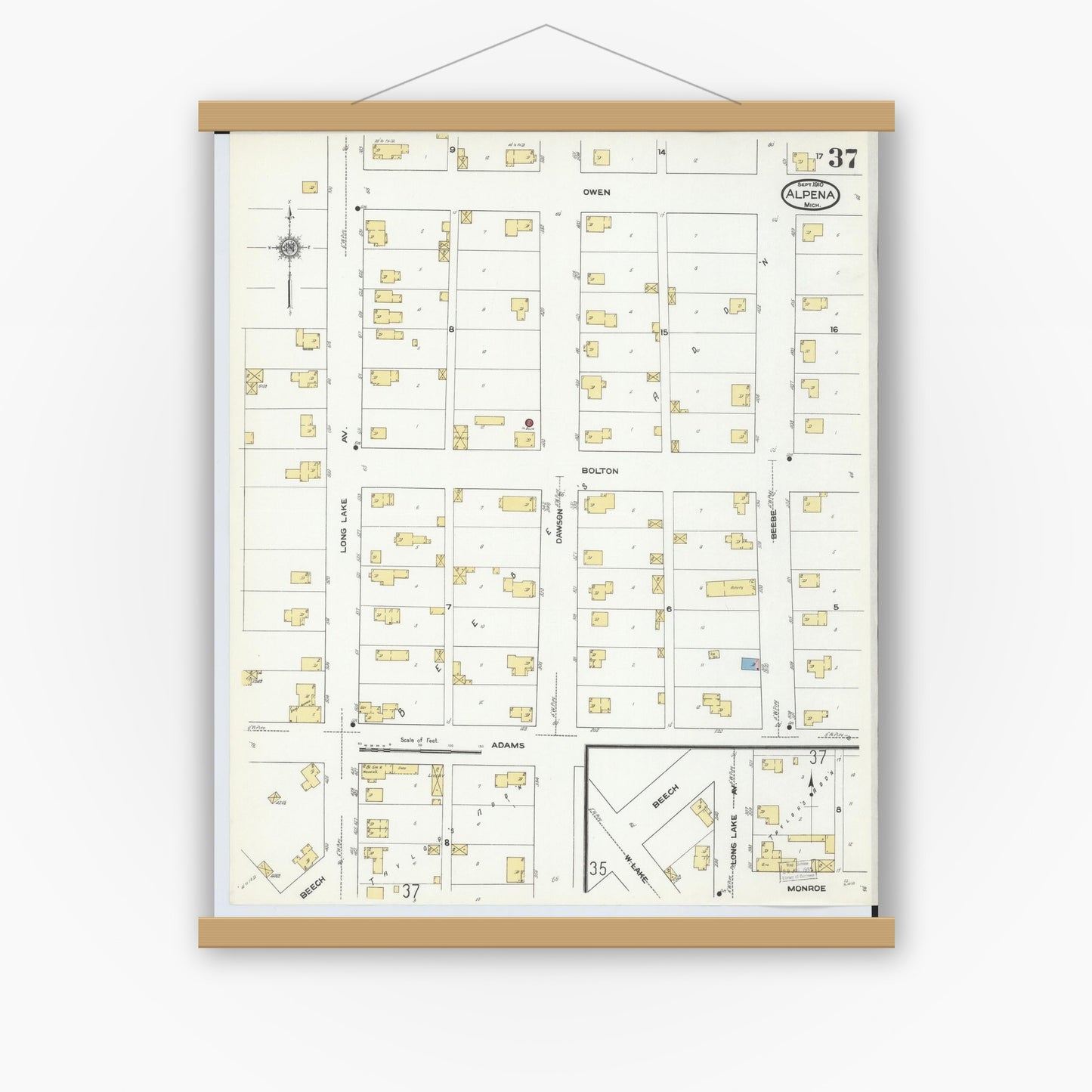 Old map wall art mockup — magnetic wood frame on white wall — Sanborn Fire Insurance Map from Alpena, Alpena County, Michigan (1910), Sheet #0037