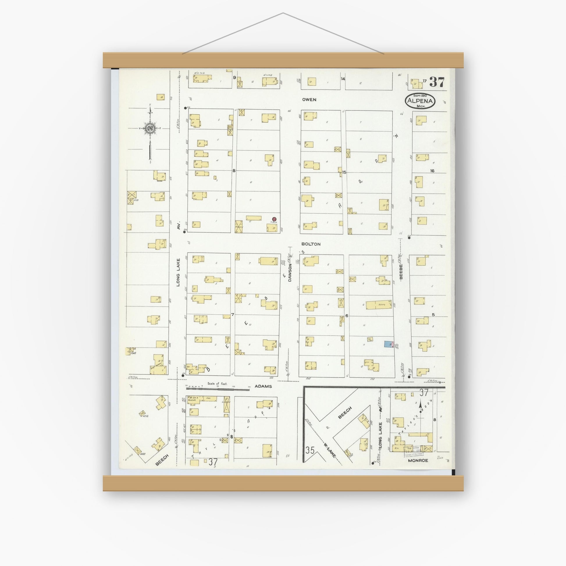 Old map wall art mockup — magnetic wood frame on white wall — Sanborn Fire Insurance Map from Alpena, Alpena County, Michigan (1910), Sheet #0037