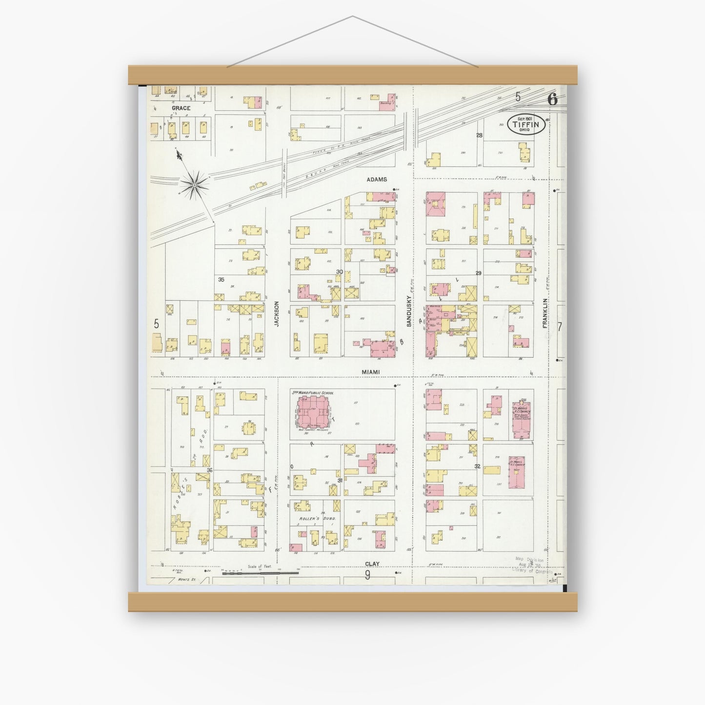 Old map wall art mockup — magnetic wood frame on white wall — Sanborn Fire Insurance Map from Tiffin, Seneca County, Ohio (1901), Sheet #0006
