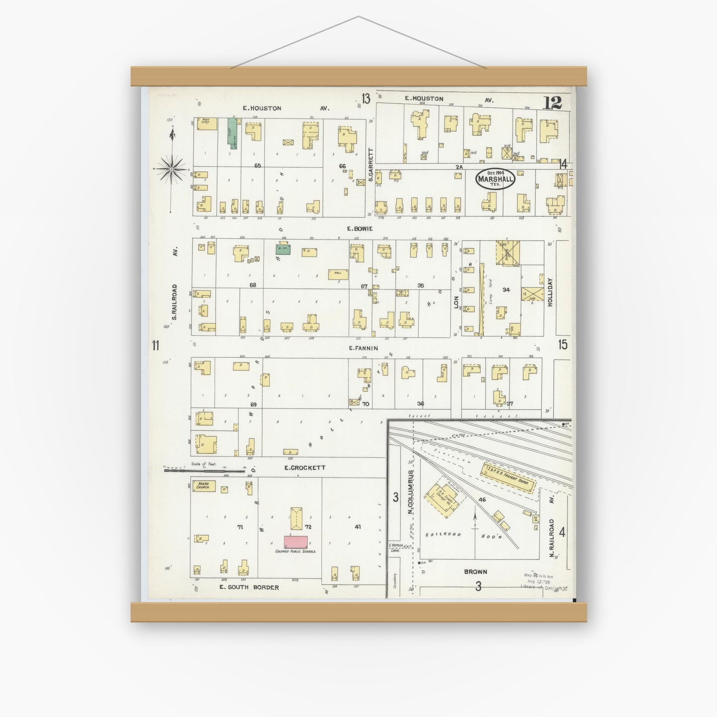 Old map wall art mockup — magnetic wood frame on white wall — Sanborn Fire Insurance Map from Marshall, Harrison County, Texas (1904), Sheet #0012