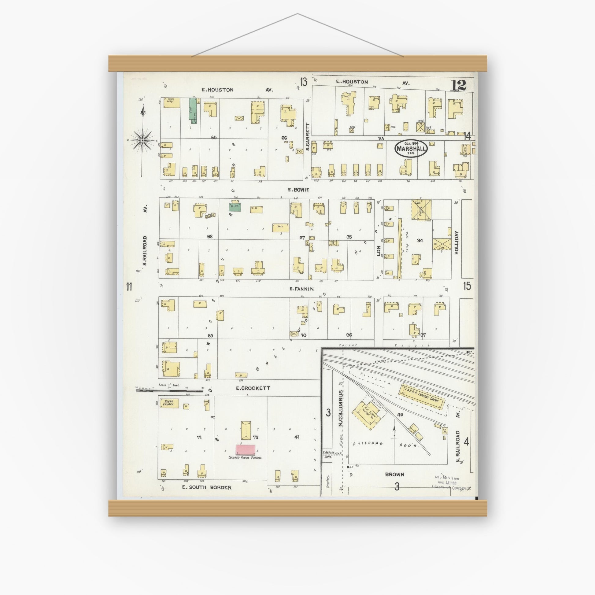 Old map wall art mockup — magnetic wood frame on white wall — Sanborn Fire Insurance Map from Marshall, Harrison County, Texas (1904), Sheet #0012