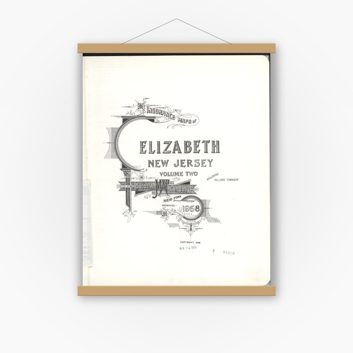 Old map wall art mockup — magnetic wood frame on white wall — Sanborn Fire Insurance Map from Elizabeth, Union County, New Jersey (1958), Sheet #0001