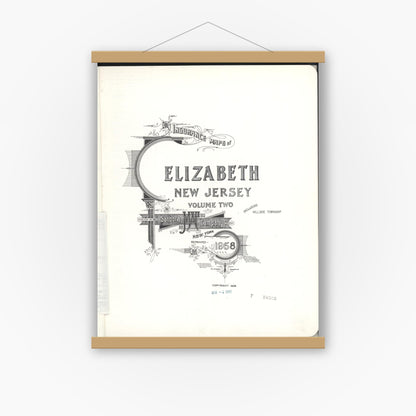 Old map wall art mockup — magnetic wood frame on white wall — Sanborn Fire Insurance Map from Elizabeth, Union County, New Jersey (1958), Sheet #0001