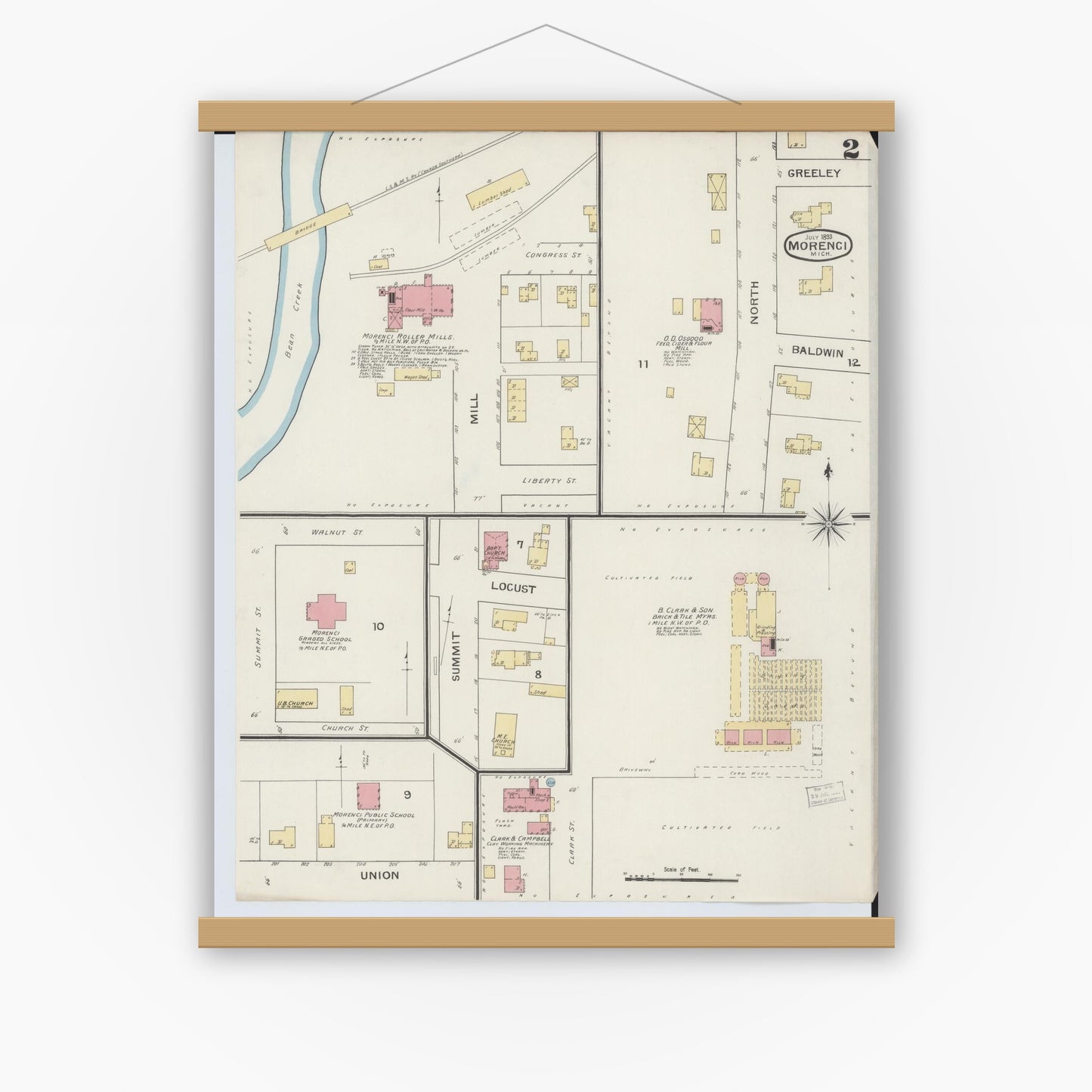 Old map wall art mockup — magnetic wood frame on white wall — Sanborn Fire Insurance Map from Morenci, Lenawee County, Michigan (1893), Sheet #0002