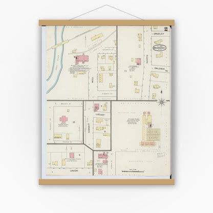 Old map wall art mockup — magnetic wood frame on white wall — Sanborn Fire Insurance Map from Morenci, Lenawee County, Michigan (1893), Sheet #0002