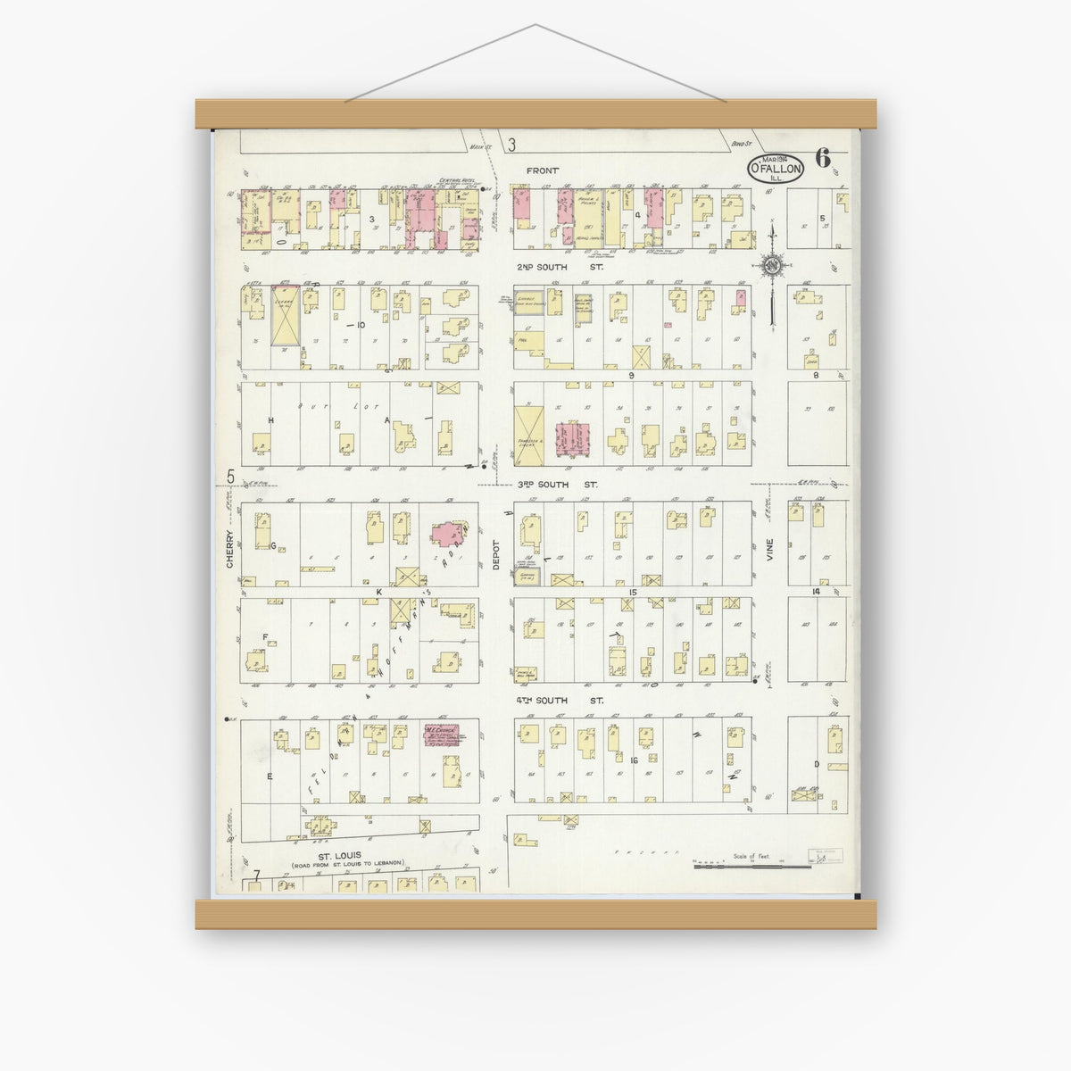 Old map wall art mockup — magnetic wood frame on white wall — Sanborn Fire Insurance Map from O'Fallon, Saint Clair County, Illinois (1914), Sheet #0006