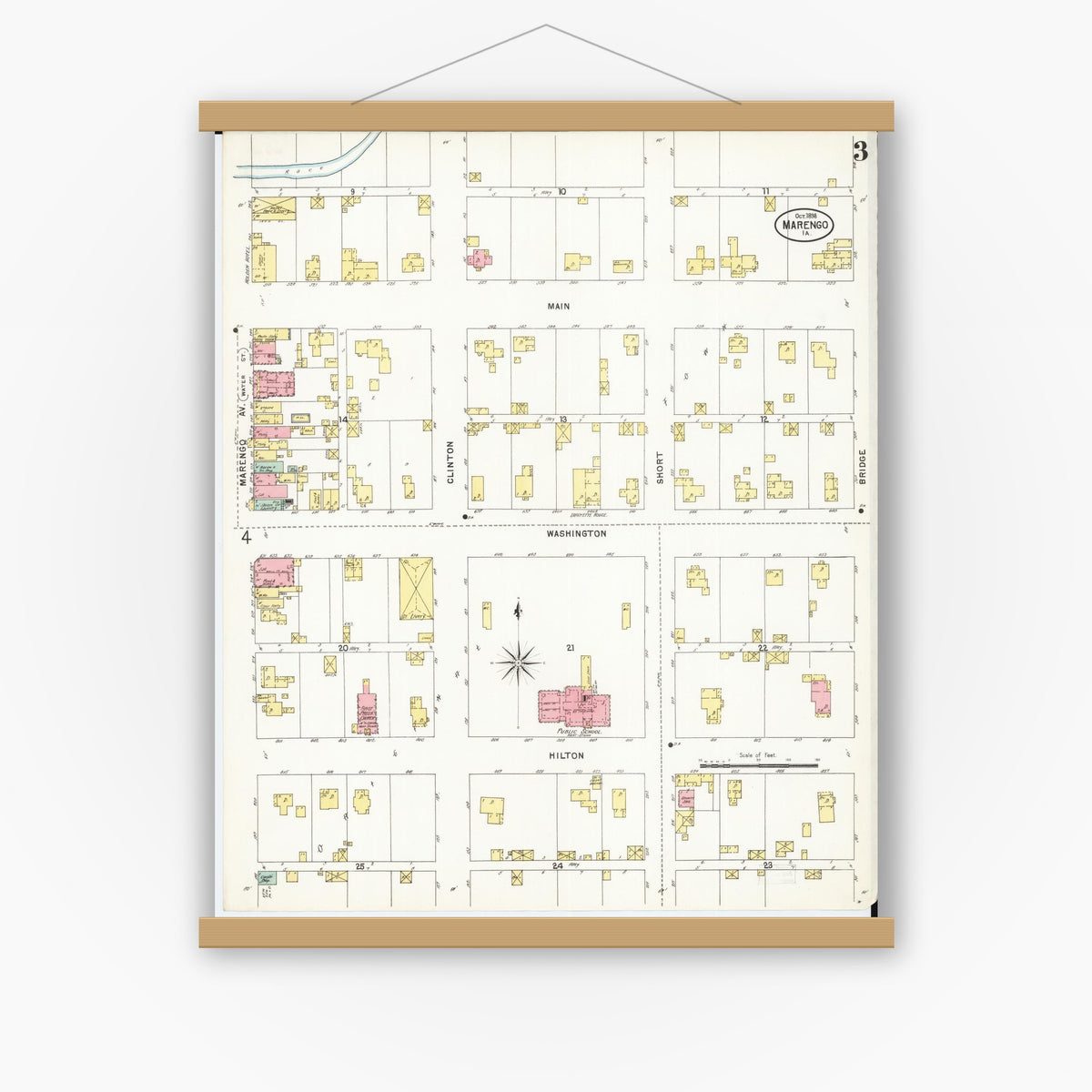 Old map wall art mockup — magnetic wood frame on white wall — Sanborn Fire Insurance Map from Marengo, Iowa County, Iowa (1898), Sheet #0003
